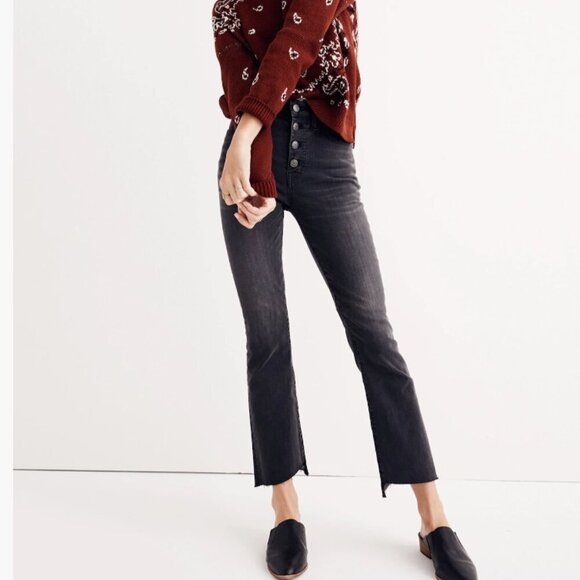 Madewell Cali Demi Boot Black Charcoal Wash Denim Jeans Step Hem Button Fly - Picture 1 of 9